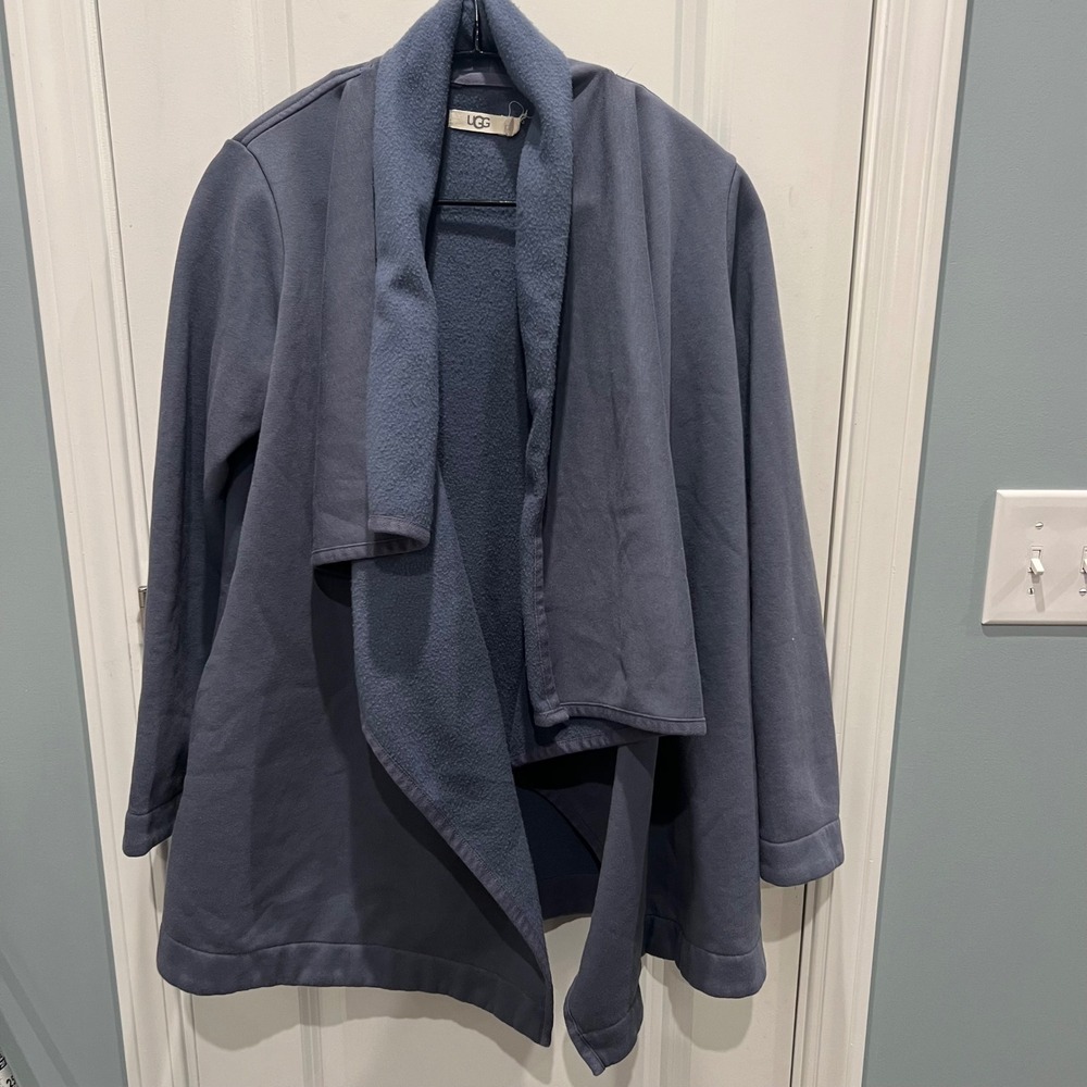 UGG Janni Fleece Blanket Cardigan Women M Blue Shawl Collar Open Front 1113235